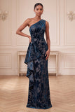 Navy One Shoulder Sheath Floral Long Velvet Holiday Dress with Ruffles