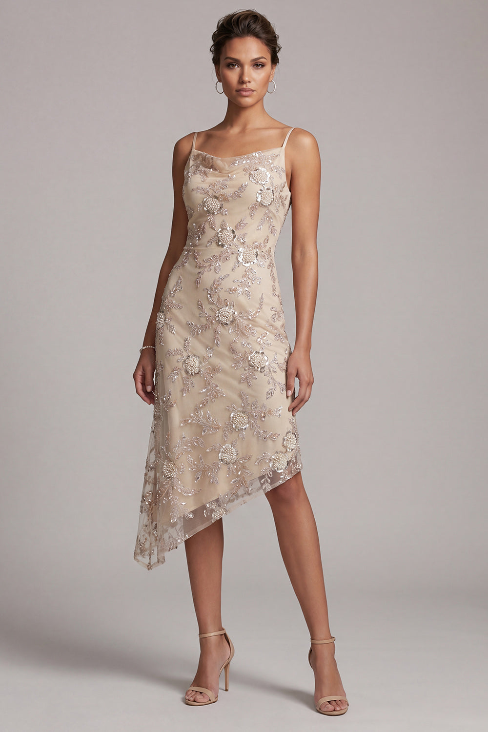Champagne Bodycon Beaded Asymmetrical Floral Mother of the Bride Dress