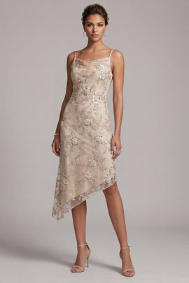 Champagne Bodycon Beaded Asymmetrical Floral Mother of the Bride Dress
