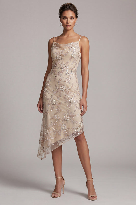 Champagne Bodycon Beaded Asymmetrical Floral Mother of the Bride Dress