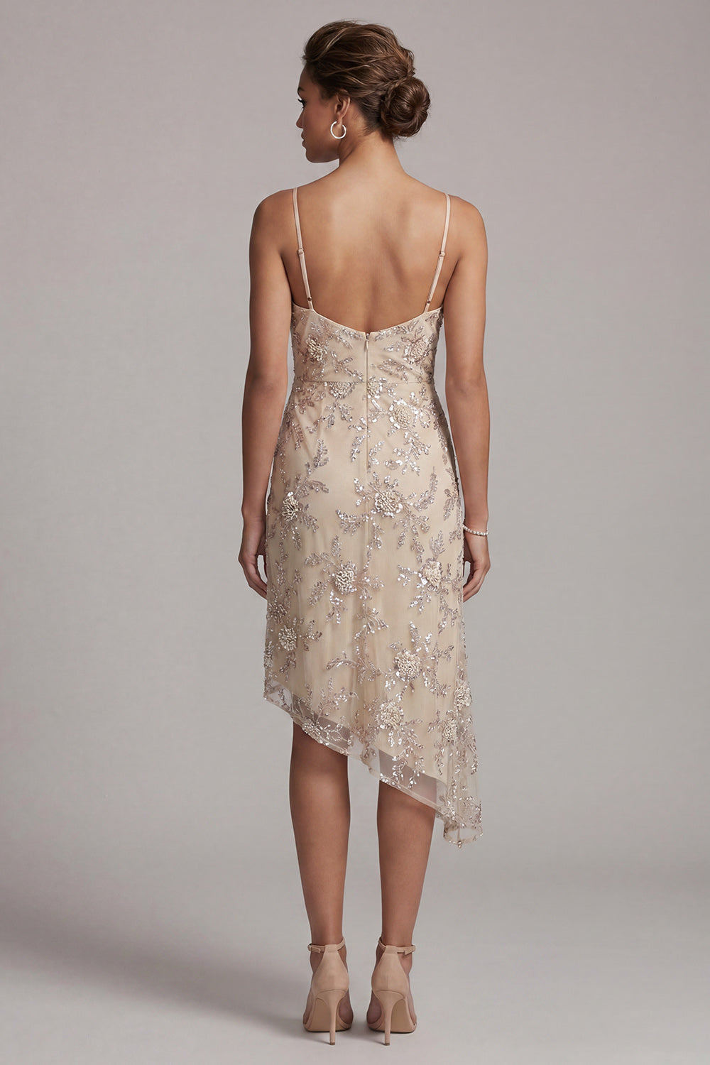 Champagne Bodycon Beaded Asymmetrical Floral Mother of the Bride Dress