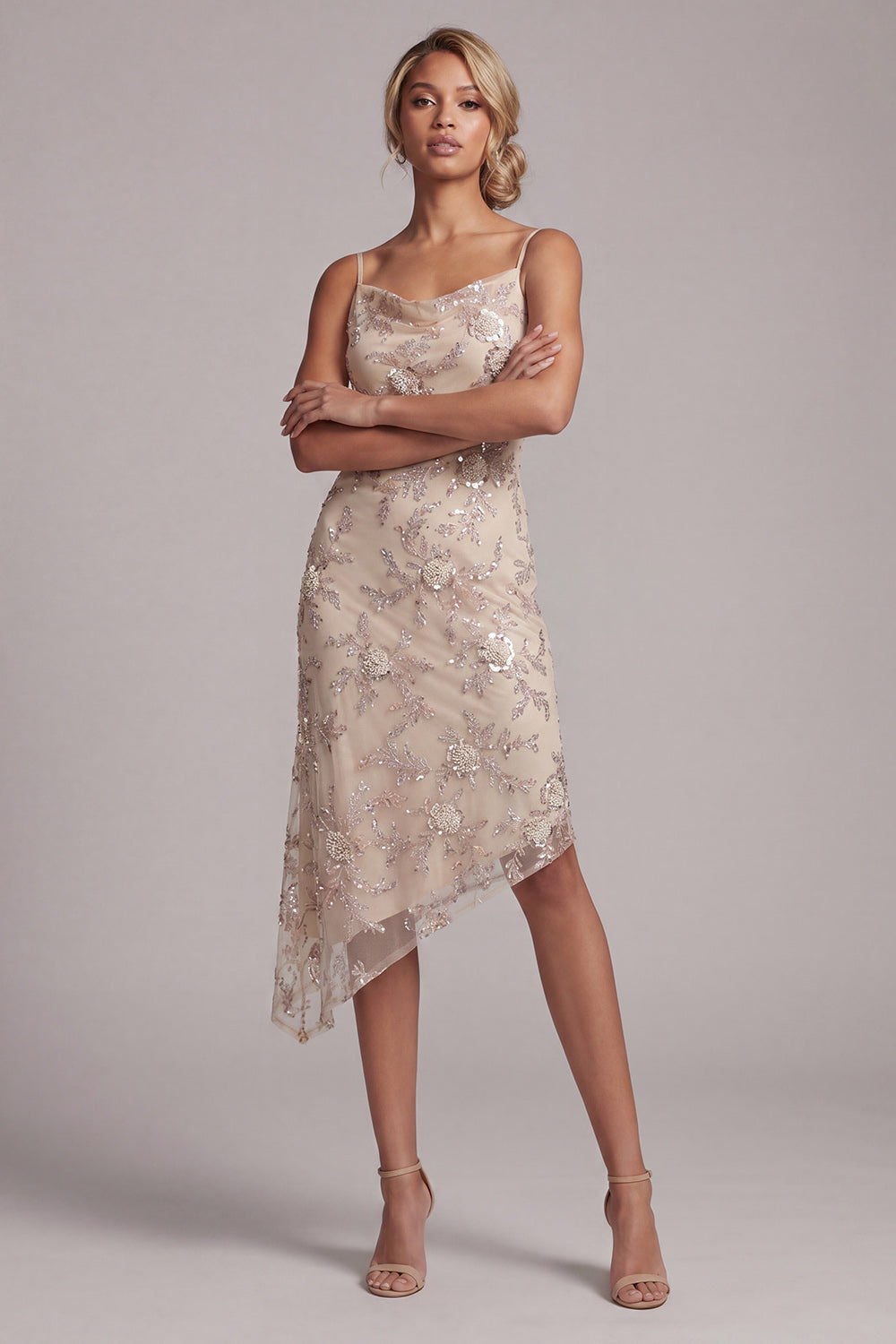 Champagne Bodycon Beaded Asymmetrical Floral Mother of the Bride Dress