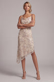 Champagne Bodycon Beaded Asymmetrical Floral Mother of the Bride Dress