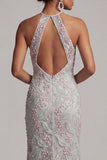 Dusty Blue Mermaid Floral Embroidered Long Mother of the Bride Dress with Pockets