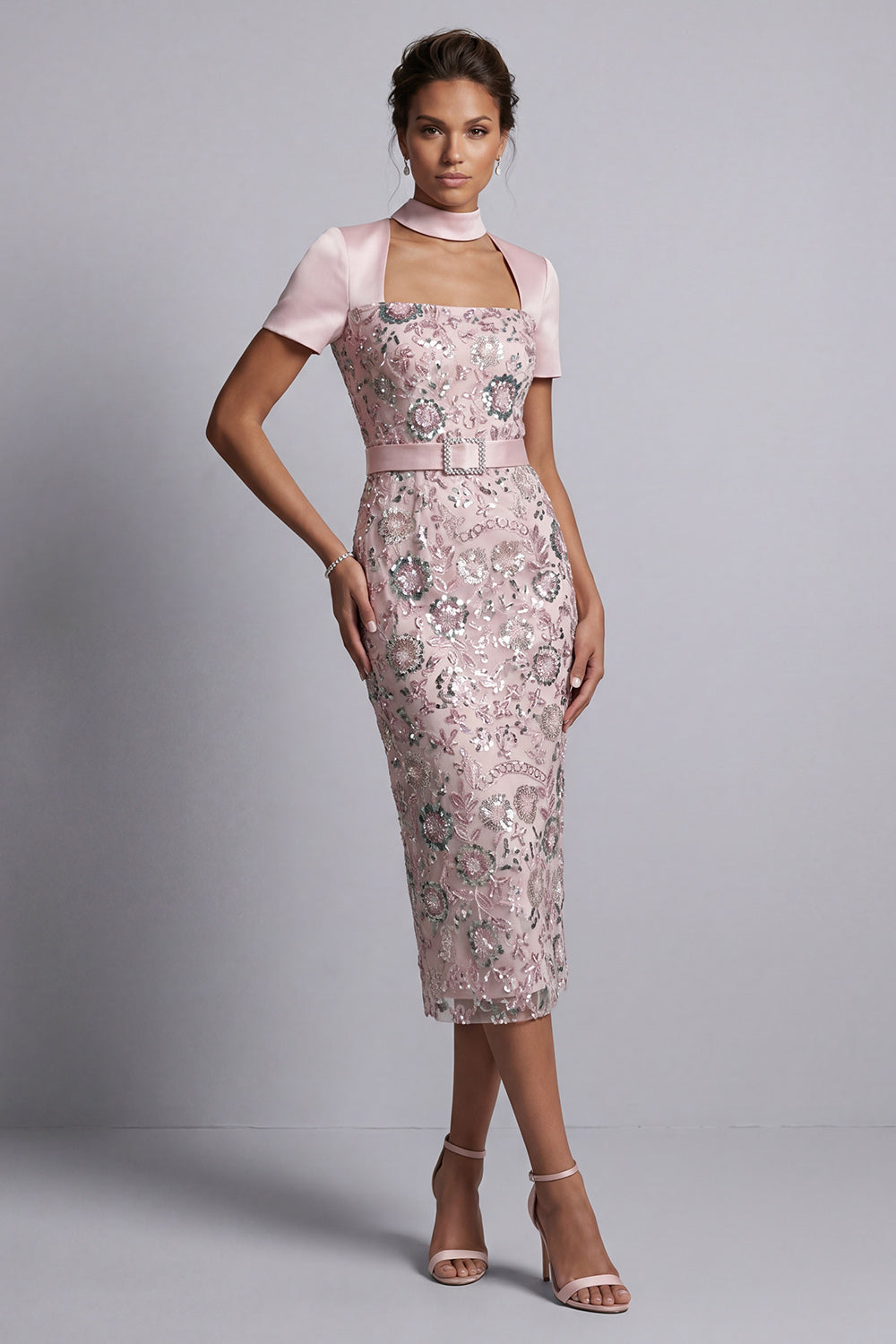 Light Pink Bodycon Short Sleeves Midi Floral Mother of the Bride Dress with Belt