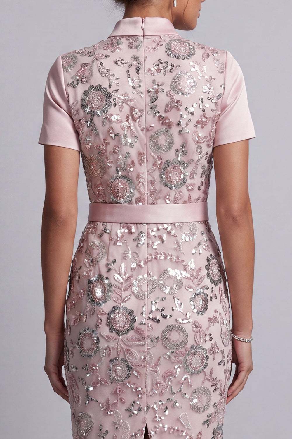 Light Pink Bodycon Short Sleeves Midi Floral Mother of the Bride Dress with Belt