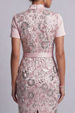 Light Pink Bodycon Short Sleeves Midi Floral Mother of the Bride Dress with Belt