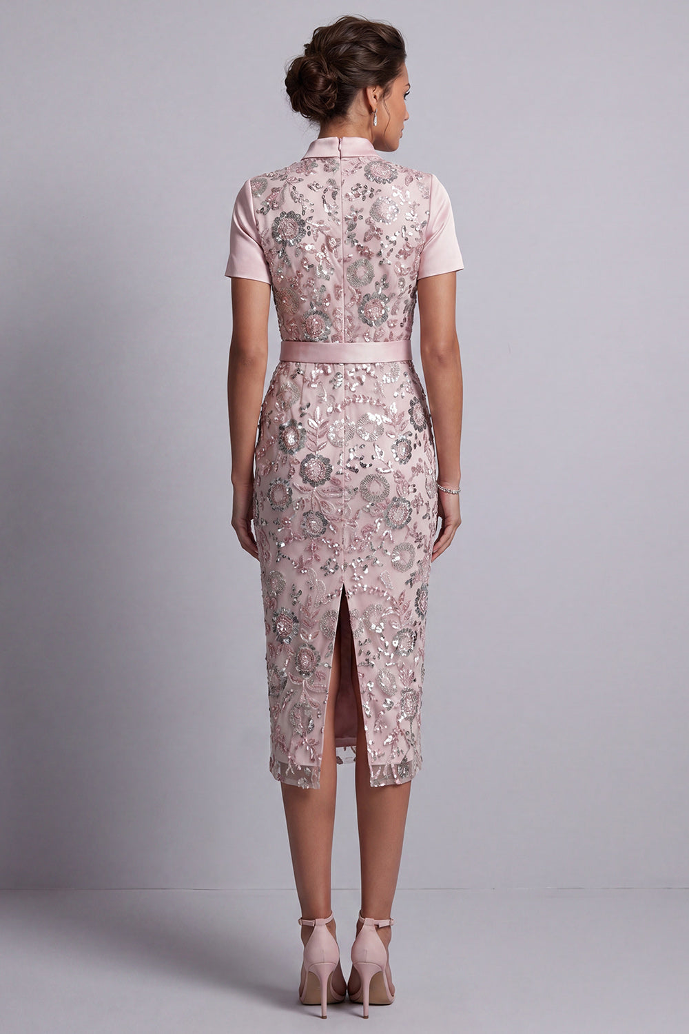 Light Pink Bodycon Short Sleeves Midi Floral Mother of the Bride Dress with Belt