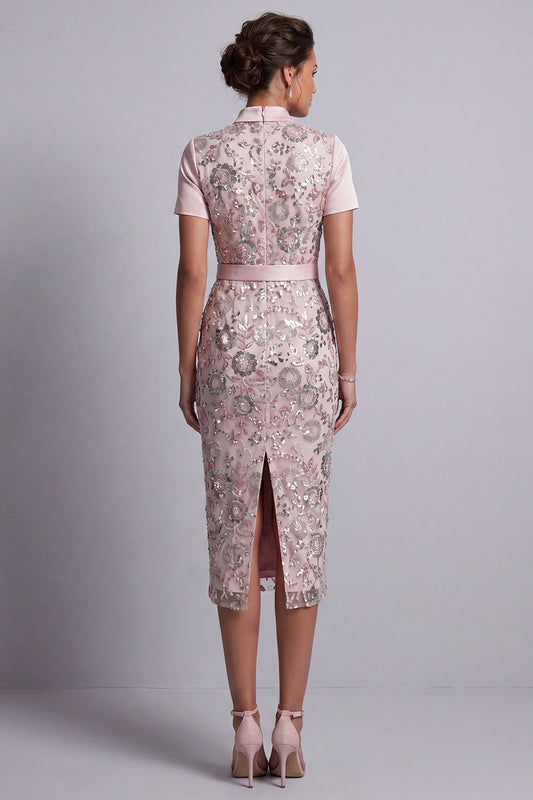 Light Pink Bodycon Short Sleeves Midi Floral Mother of the Bride Dress with Belt