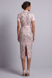 Light Pink Bodycon Short Sleeves Midi Floral Mother of the Bride Dress with Belt