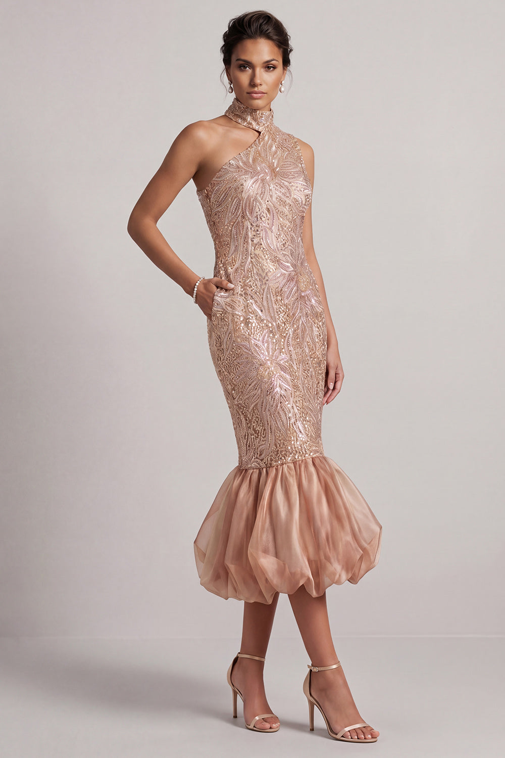 Sparkly Blush Mermaid Bubble Midi Sequin Mother of the Bride Dress with Pockets