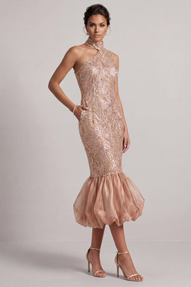 Sparkly Blush Mermaid Bubble Midi Sequin Mother of the Bride Dress with Pockets