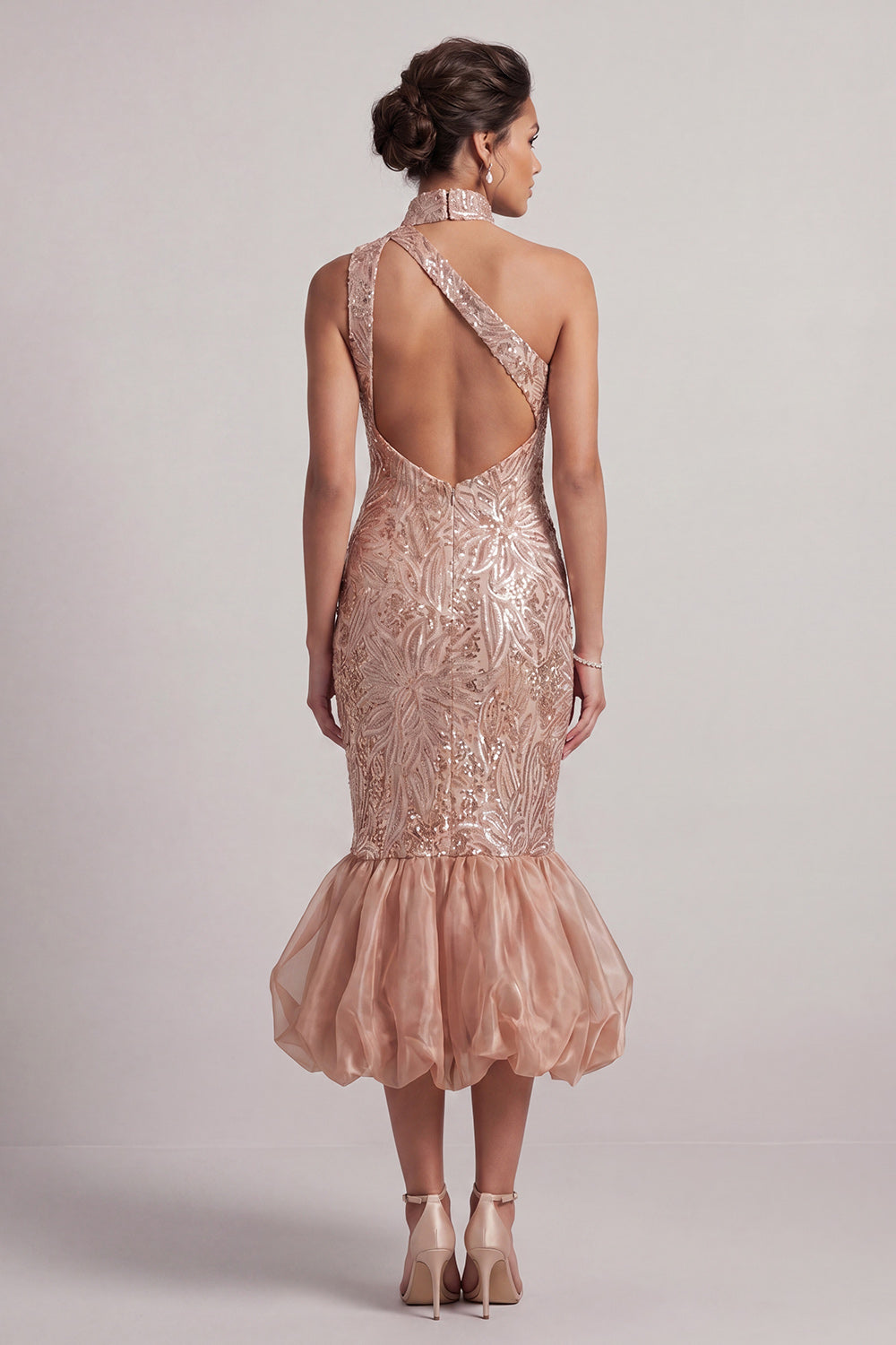 Sparkly Blush Mermaid Bubble Midi Sequin Mother of the Bride Dress with Pockets