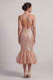 Sparkly Blush Mermaid Bubble Midi Sequin Mother of the Bride Dress with Pockets
