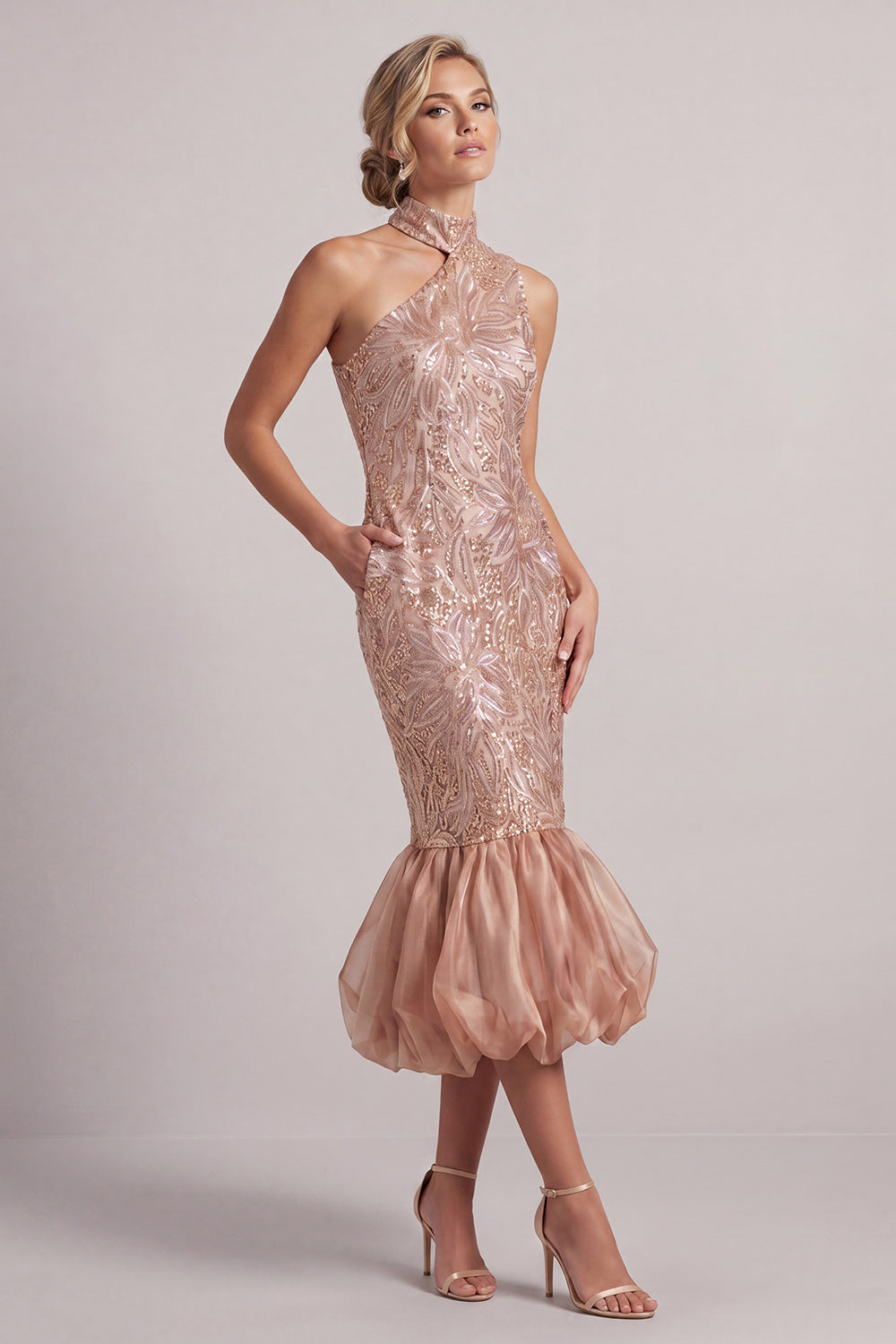 Sparkly Blush Mermaid Bubble Midi Sequin Mother of the Bride Dress with Pockets
