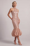 Sparkly Blush Mermaid Bubble Midi Sequin Mother of the Bride Dress with Pockets