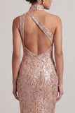 Sparkly Blush Mermaid Bubble Midi Sequin Mother of the Bride Dress with Pockets