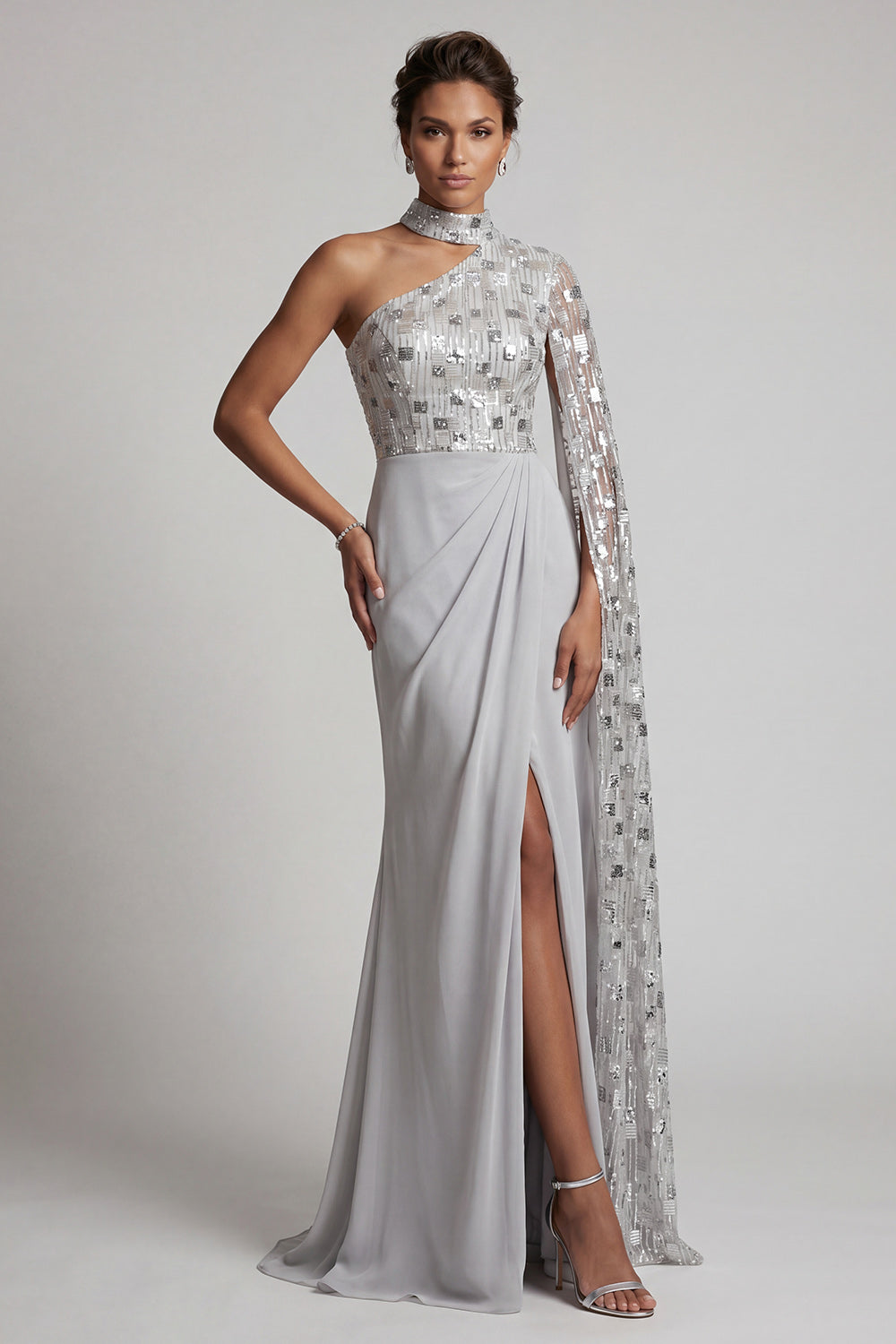 Grey Sequin Mermaid One Shoulder Ruched Long Mother of the Bride Dress with Side Cape
