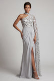 Grey Sequin Mermaid One Shoulder Ruched Long Mother of the Bride Dress with Side Cape