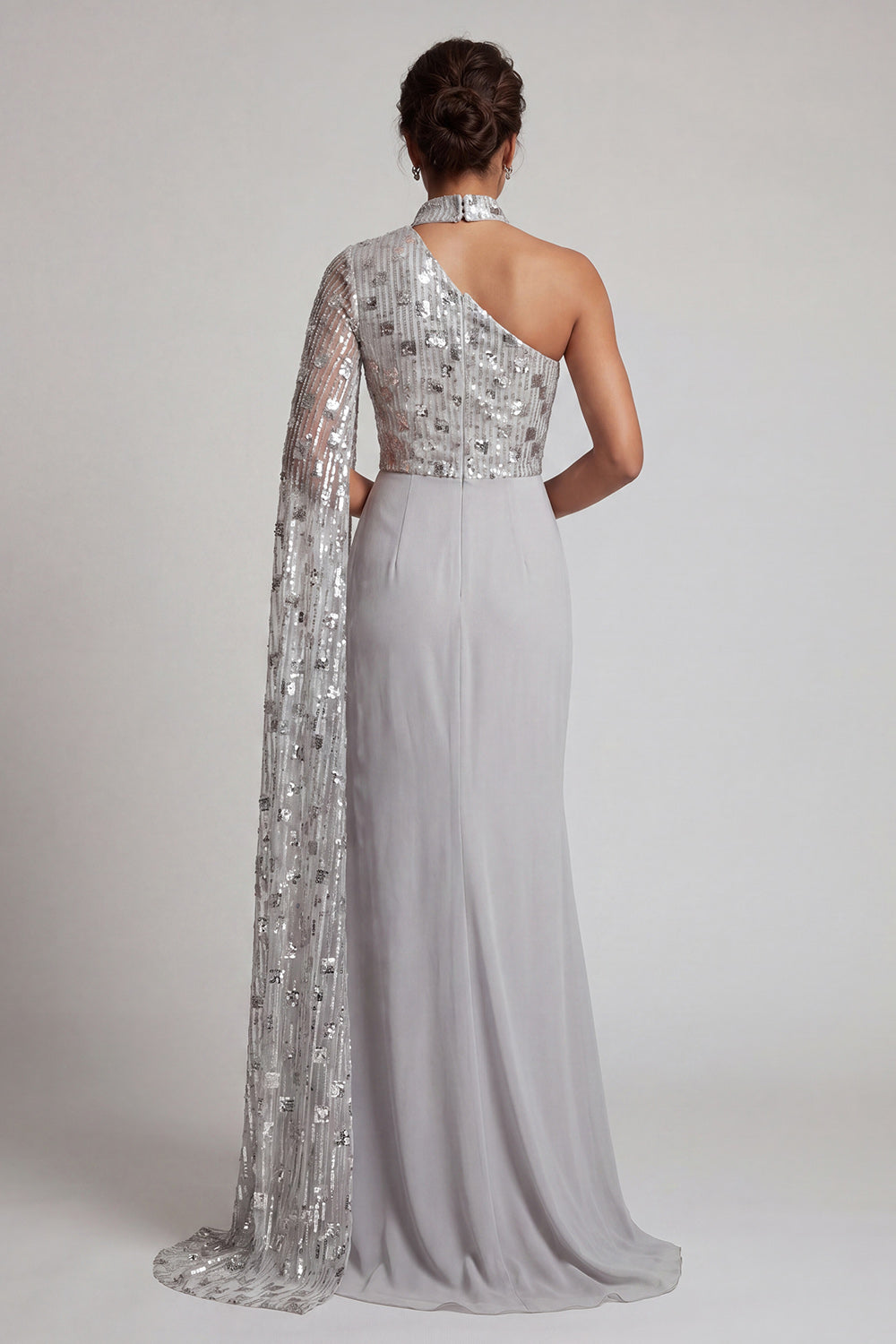 Grey Sequin Mermaid One Shoulder Ruched Long Mother of the Bride Dress with Side Cape