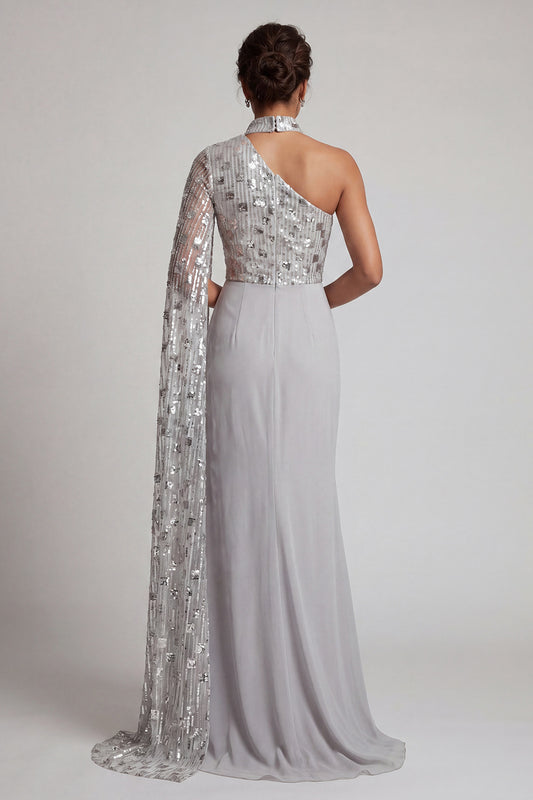 Grey Sequin Mermaid One Shoulder Ruched Long Mother of the Bride Dress with Side Cape