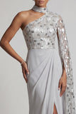 Grey Sequin Mermaid One Shoulder Ruched Long Mother of the Bride Dress with Side Cape