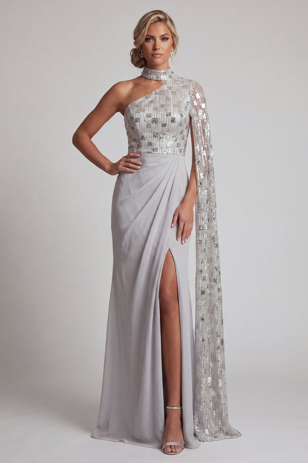 Grey Sequin Mermaid One Shoulder Ruched Long Mother of the Bride Dress with Side Cape