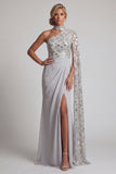Grey Sequin Mermaid One Shoulder Ruched Long Mother of the Bride Dress with Side Cape