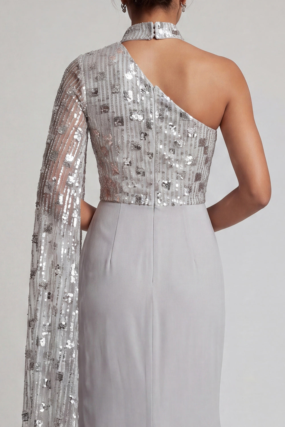 Grey Sequin Mermaid One Shoulder Ruched Long Mother of the Bride Dress with Side Cape