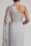 Grey Sequin Mermaid One Shoulder Ruched Long Mother of the Bride Dress with Side Cape