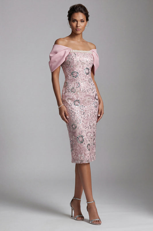 Sparkly Floral Light Pink Bodycon Sequins Midi Mother of the Bride Dress with Pearls