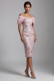 Sparkly Floral Light Pink Bodycon Sequins Midi Mother of the Bride Dress with Pearls