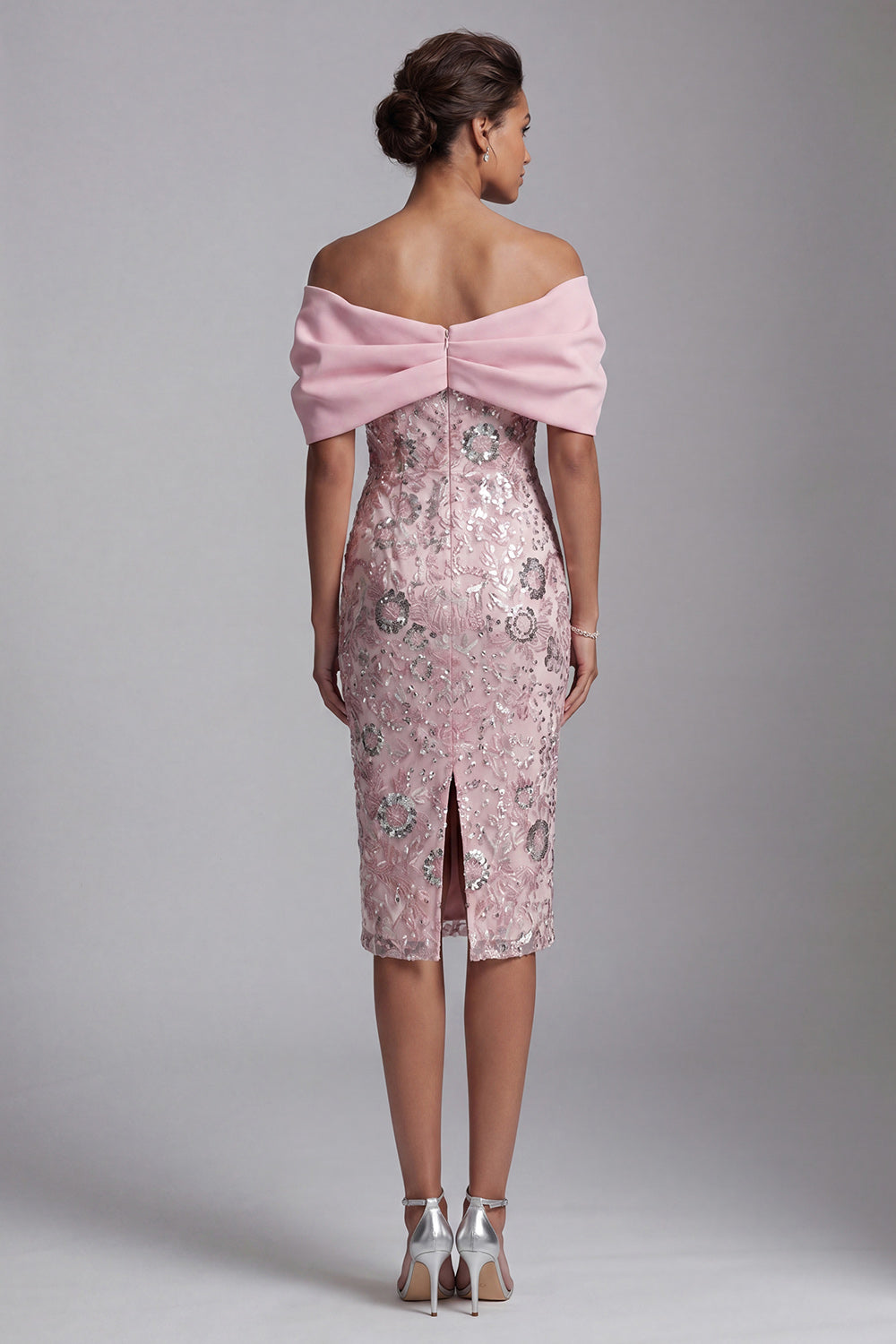 Sparkly Floral Light Pink Bodycon Sequins Midi Mother of the Bride Dress with Pearls