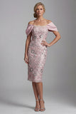 Sparkly Floral Light Pink Bodycon Sequins Midi Mother of the Bride Dress with Pearls