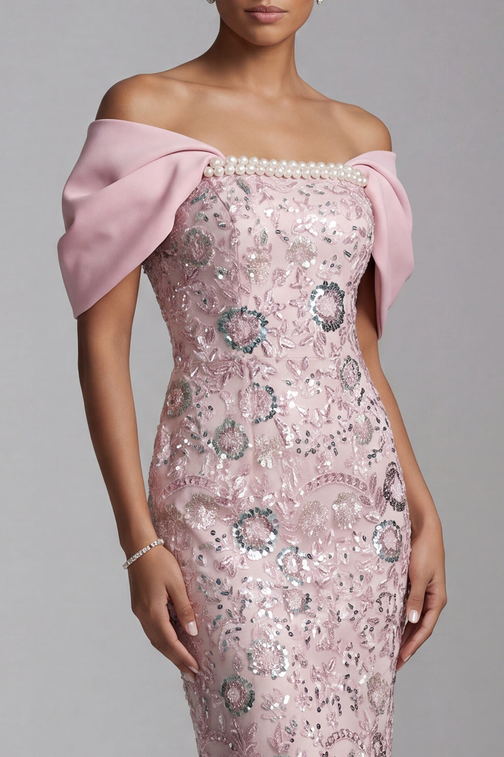 Sparkly Floral Light Pink Bodycon Sequins Midi Mother of the Bride Dress with Pearls