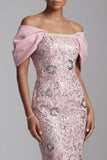Sparkly Floral Light Pink Bodycon Sequins Midi Mother of the Bride Dress with Pearls
