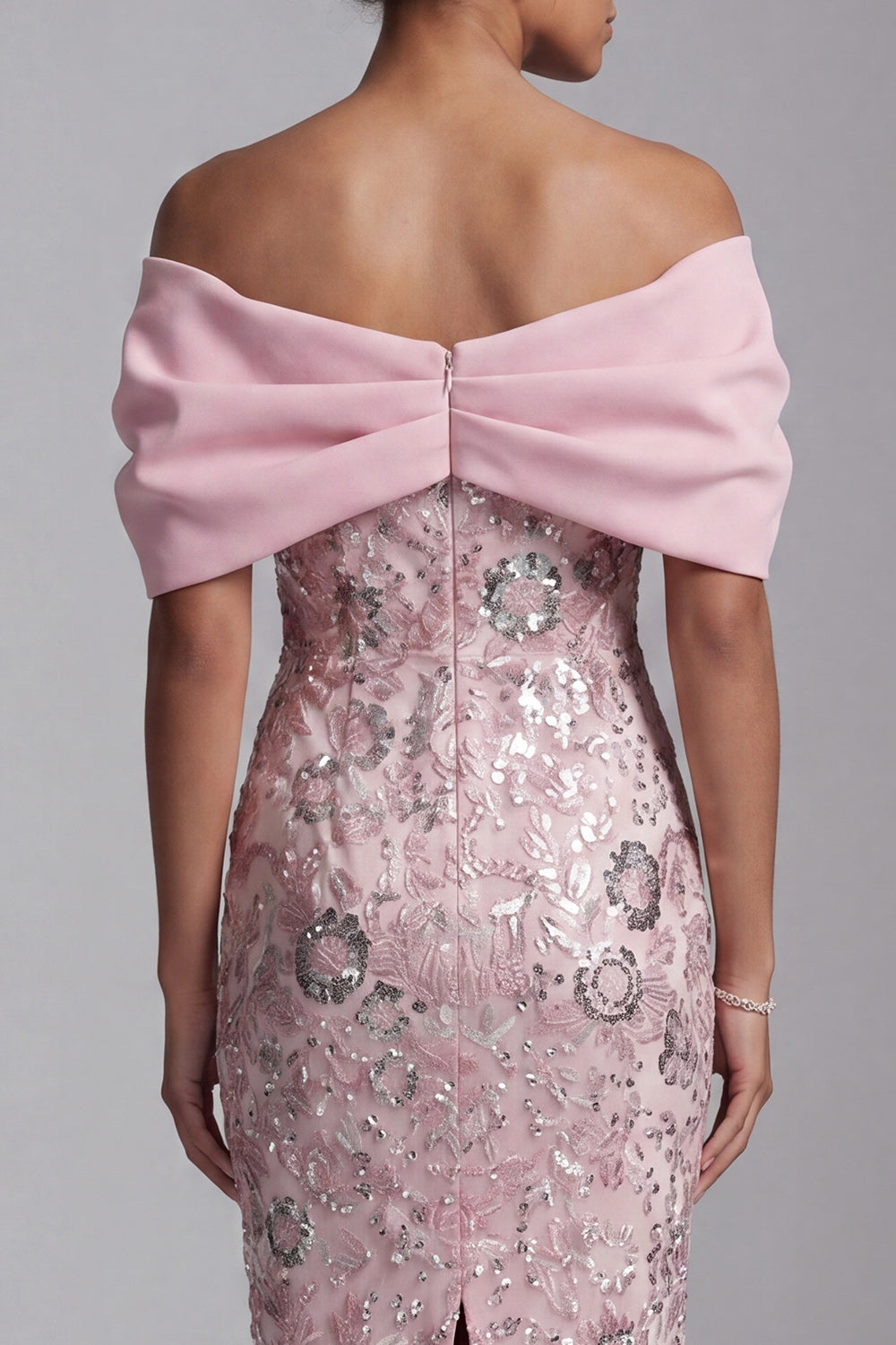 Sparkly Floral Light Pink Bodycon Sequins Midi Mother of the Bride Dress with Pearls