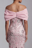 Sparkly Floral Light Pink Bodycon Sequins Midi Mother of the Bride Dress with Pearls