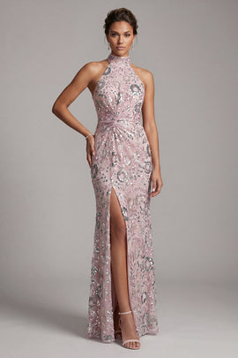 Light Pink Mermaid Ruched Sparkly Floral Sequins Long Mother of the Bride Dress with Slit