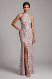 Light Pink Mermaid Ruched Sparkly Floral Sequins Long Mother of the Bride Dress with Slit