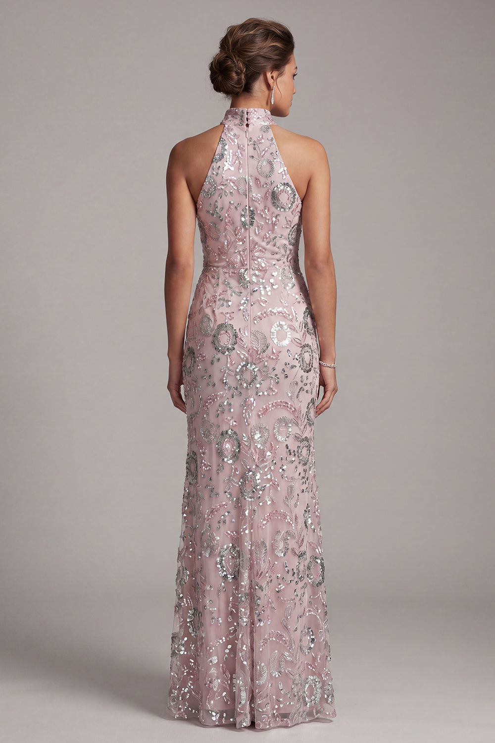 Light Pink Mermaid Ruched Sparkly Floral Sequins Long Mother of the Bride Dress with Slit