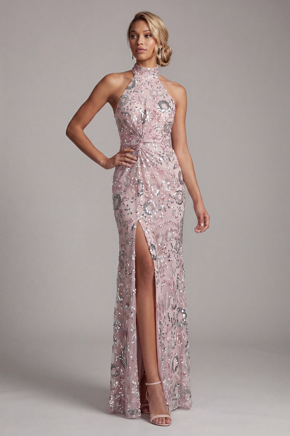 Light Pink Mermaid Ruched Sparkly Floral Sequins Long Mother of the Bride Dress with Slit