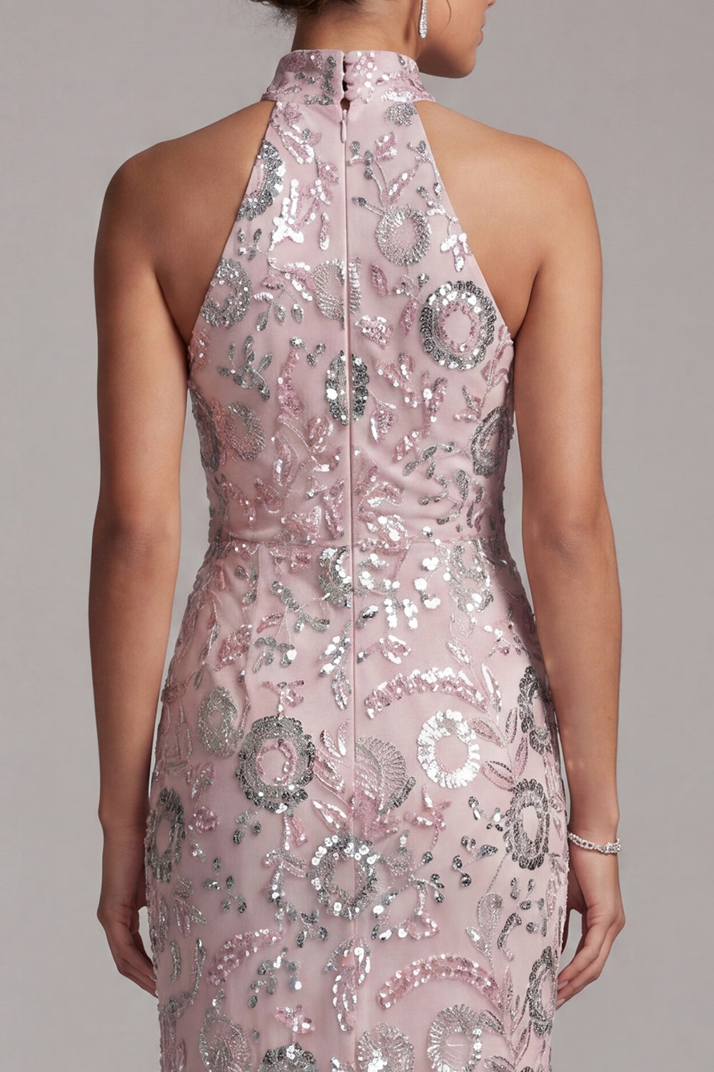 Light Pink Mermaid Ruched Sparkly Floral Sequins Long Mother of the Bride Dress with Slit