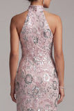 Light Pink Mermaid Ruched Sparkly Floral Sequins Long Mother of the Bride Dress with Slit