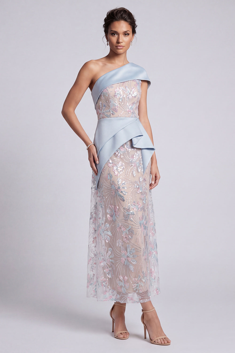 Light Blue Floral Sheath One Shoulder Sequins Ruffled Maxi Mother of the Bride Dress