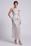 Light Blue Floral Sheath One Shoulder Sequins Ruffled Maxi Mother of the Bride Dress