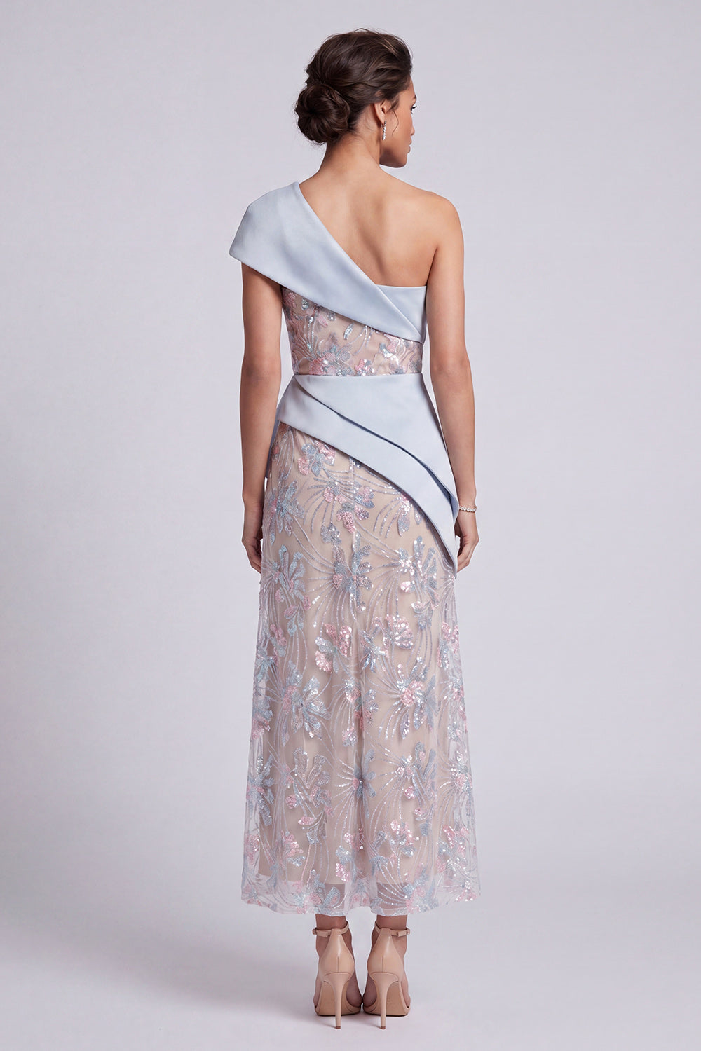 Light Blue Floral Sheath One Shoulder Sequins Ruffled Maxi Mother of the Bride Dress