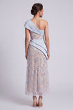 Light Blue Floral Sheath One Shoulder Sequins Ruffled Maxi Mother of the Bride Dress