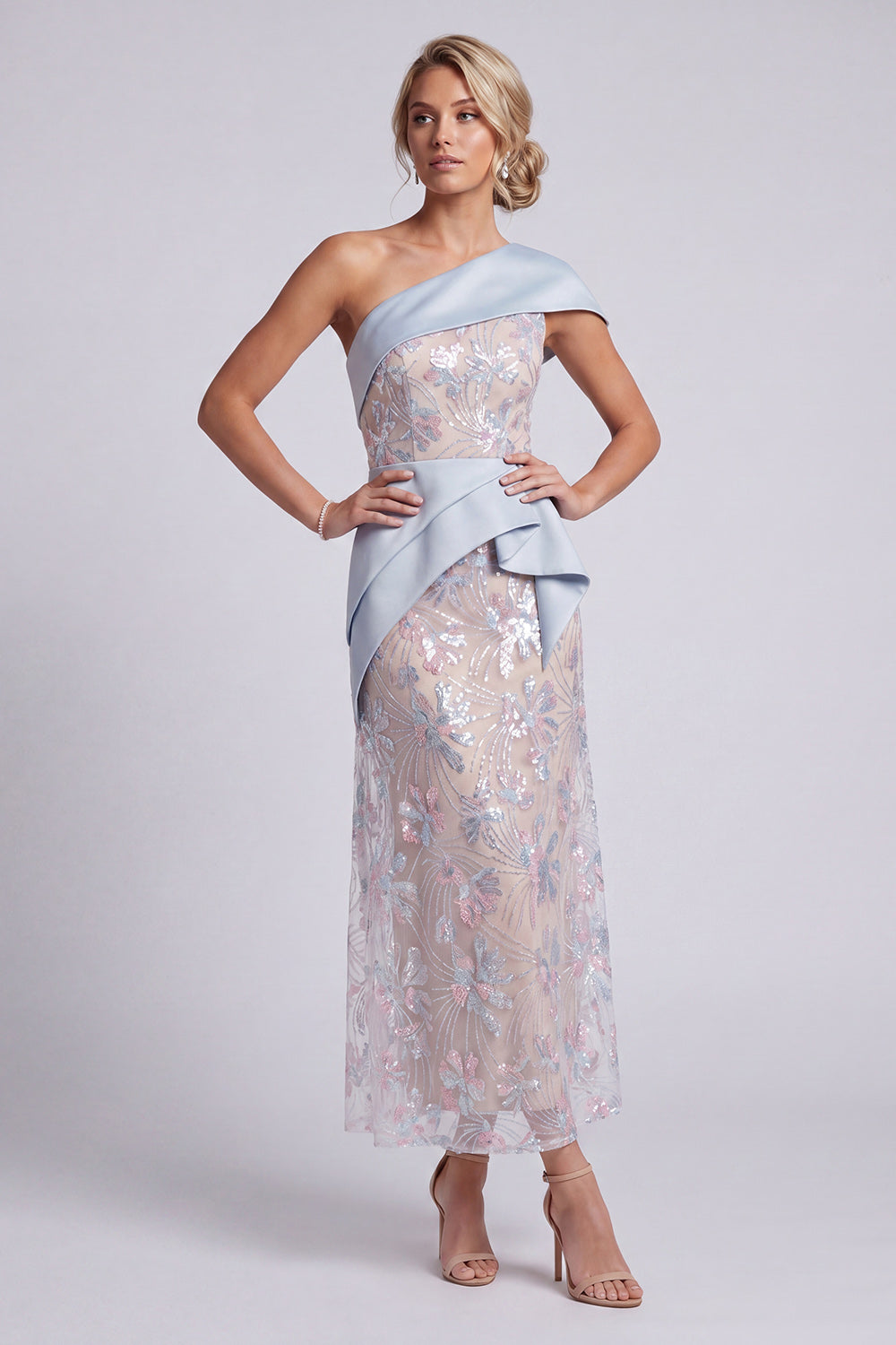 Light Blue Floral Sheath One Shoulder Sequins Ruffled Maxi Mother of the Bride Dress