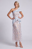 Light Blue Floral Sheath One Shoulder Sequins Ruffled Maxi Mother of the Bride Dress